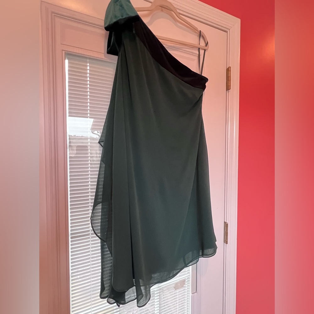 Lauren green cocktail with velvet trim and chiffon cascade